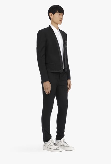 Wool spencer jacket with badge and black satin pointed collar - 6
