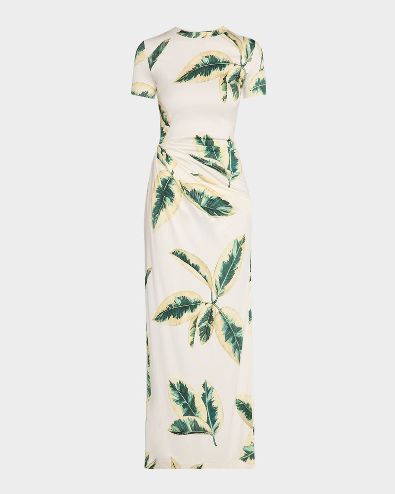 Short-Sleeve Ficus-Print Draped Maxi Dress 1