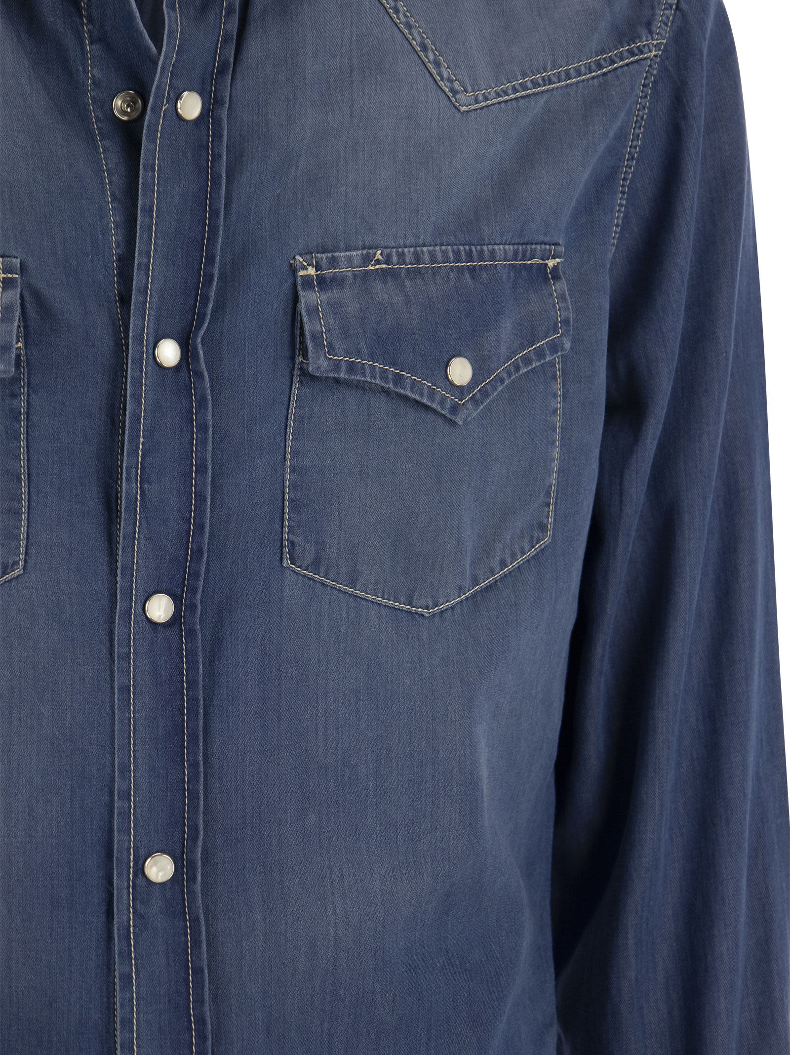Brunello Cucinelli Men Easy Fit Shirt In Light Denim With Press Studs - 4