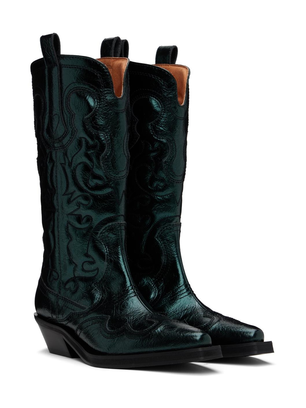 Green Metallic Mid Shaft Embroidered Western Boots - 4