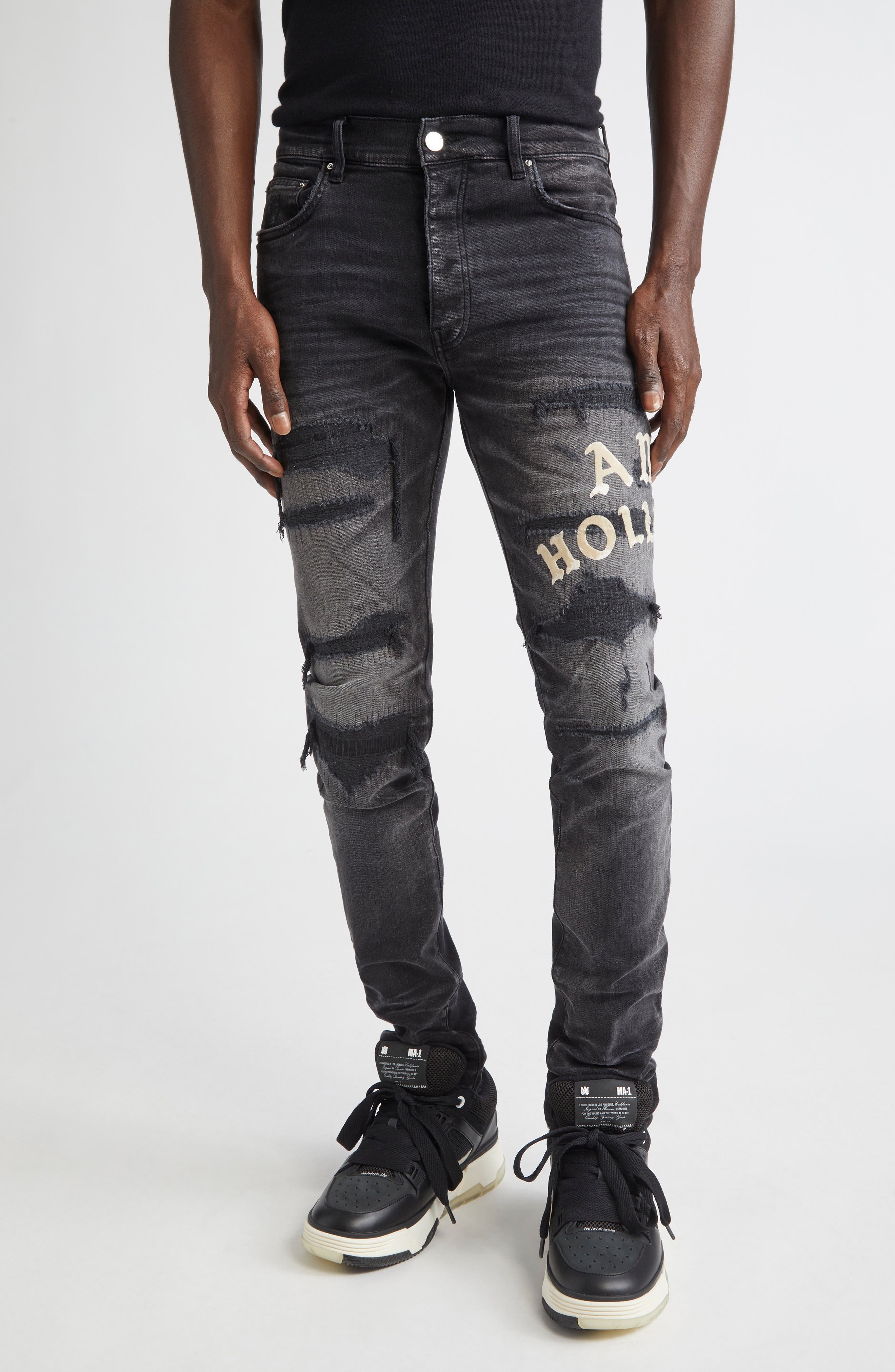 AMIRI Hollywood Appliqué Rip & Repair Slim Fit Jeans in Faded Black at Nordstrom - 1
