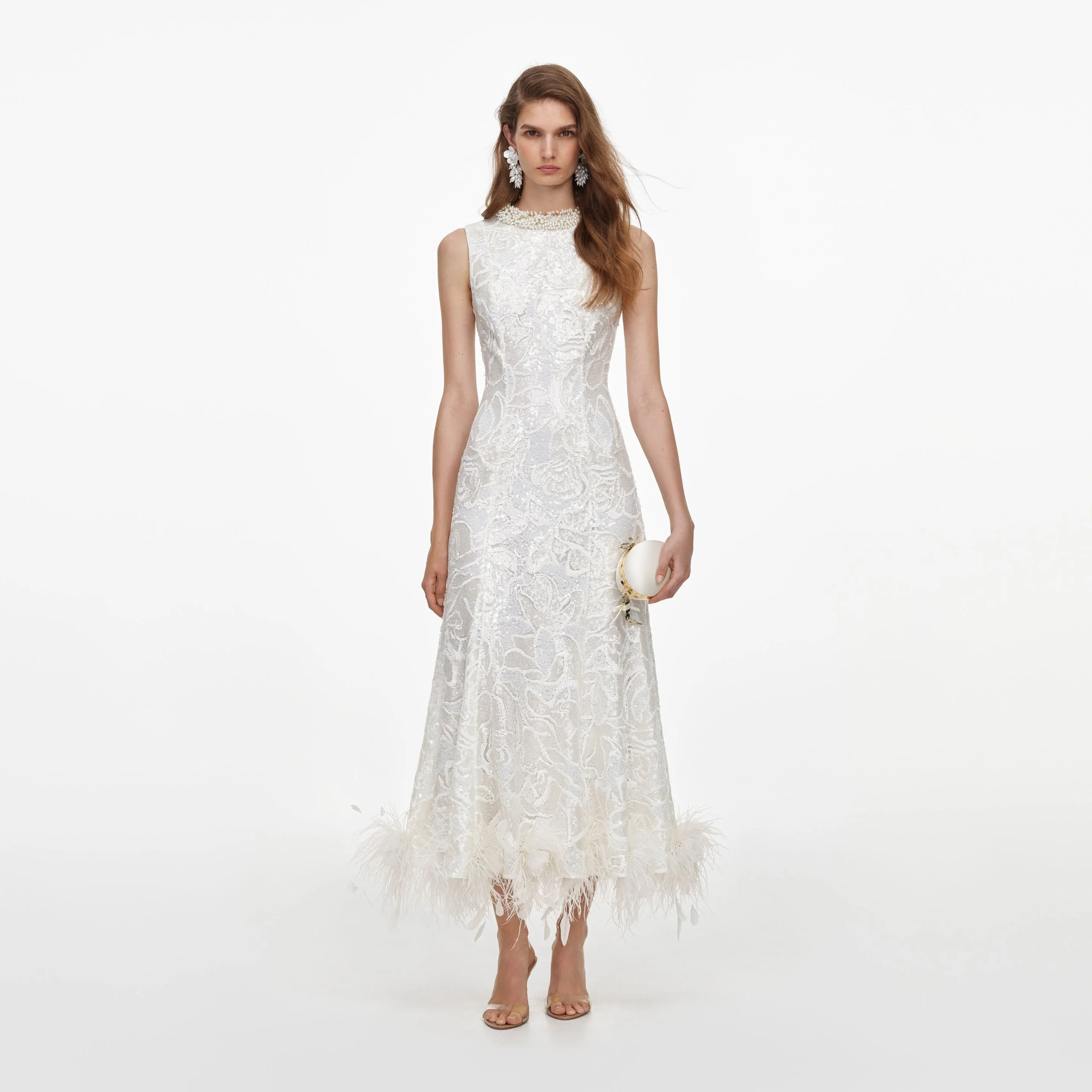 White Sequin Lace Feather Midi Dress - 1