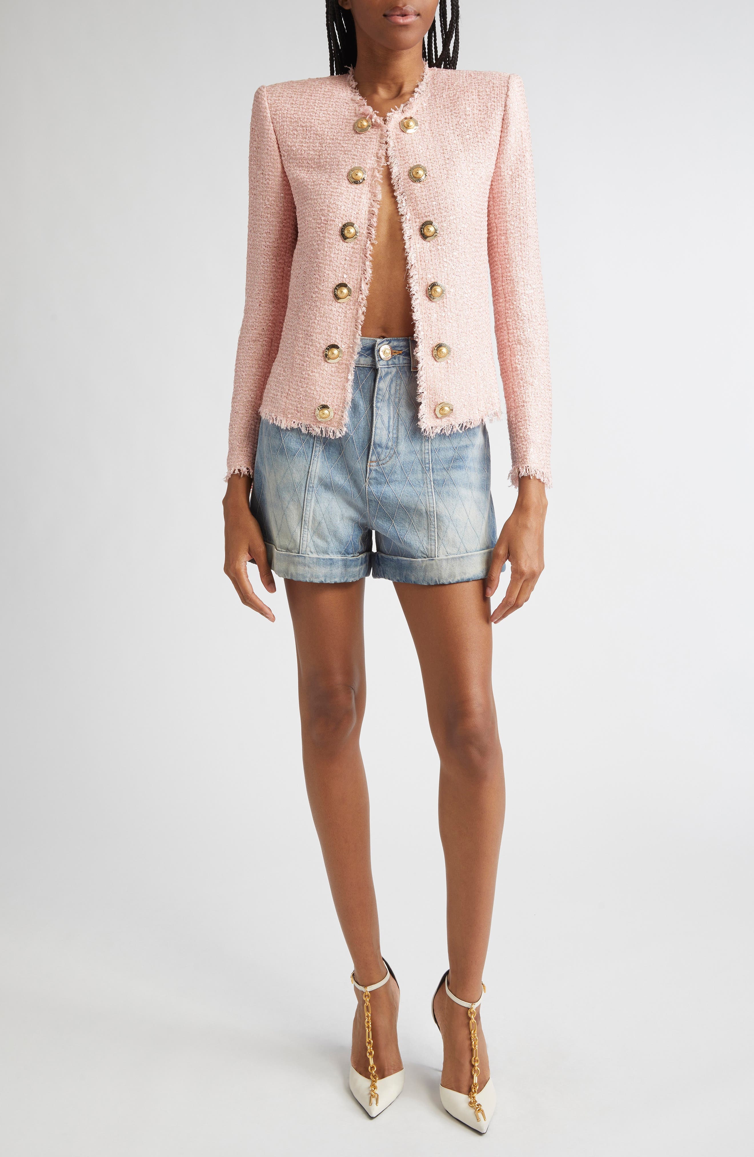 Balmain Glitter Embellished Silk Tweed Spencer Jacket in 4Cu Pink at Nordstrom - 2