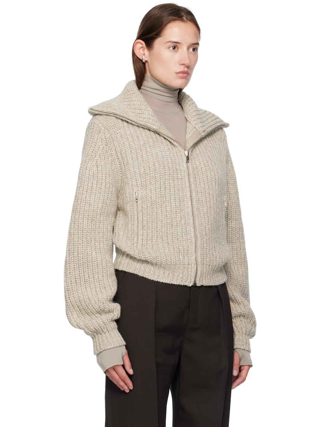 Beige Zipped Cardigan Sweater - 2