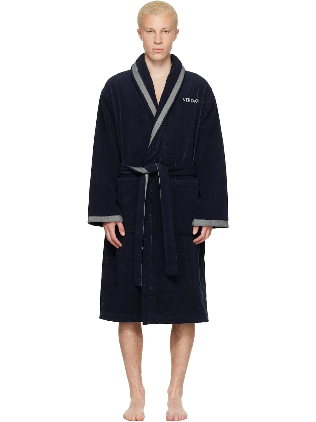 Navy Cotton-Terry Jacquard Bathrobe - 1