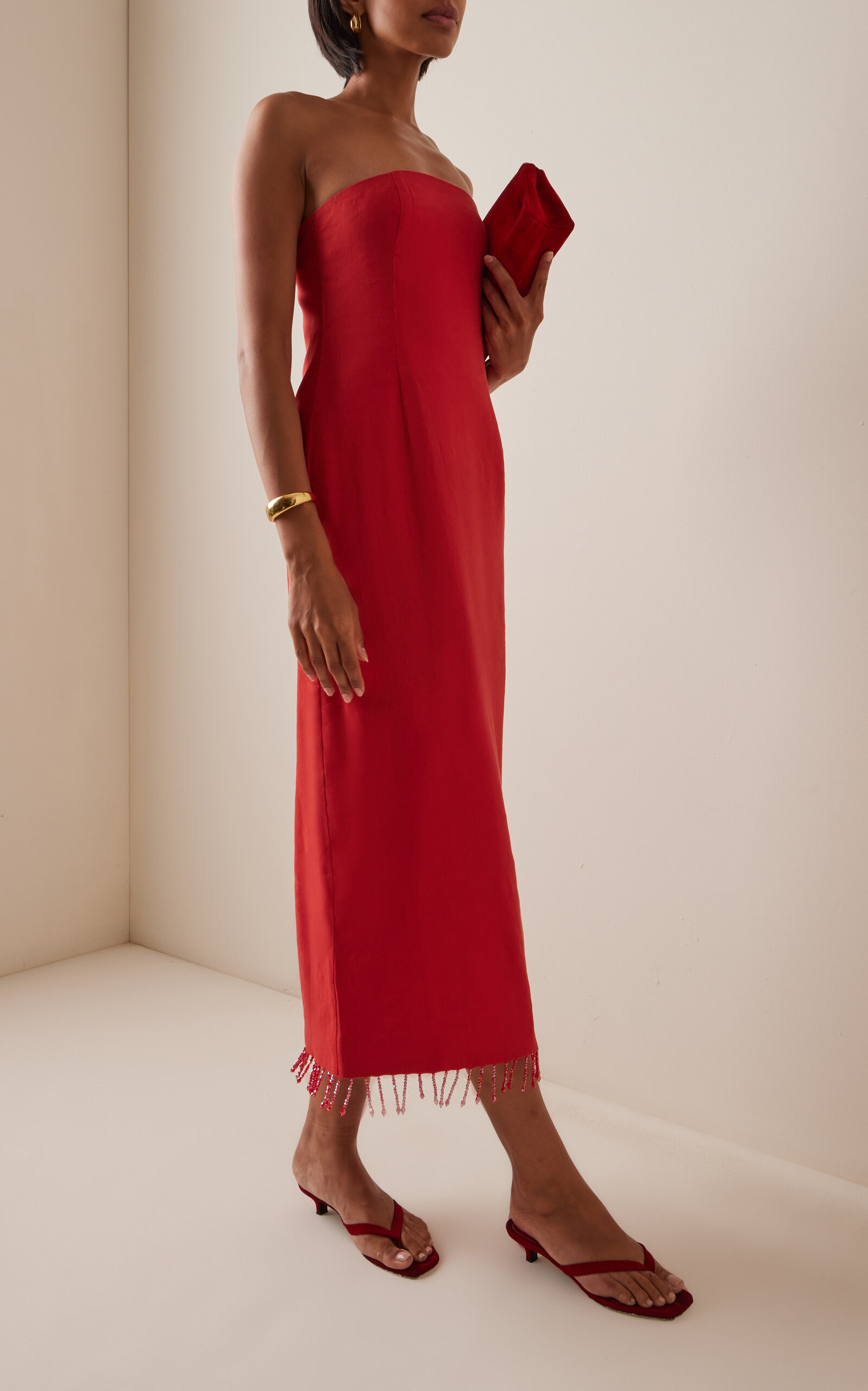 Flame Strapless Linen-Blend Midi Dress orange - 2