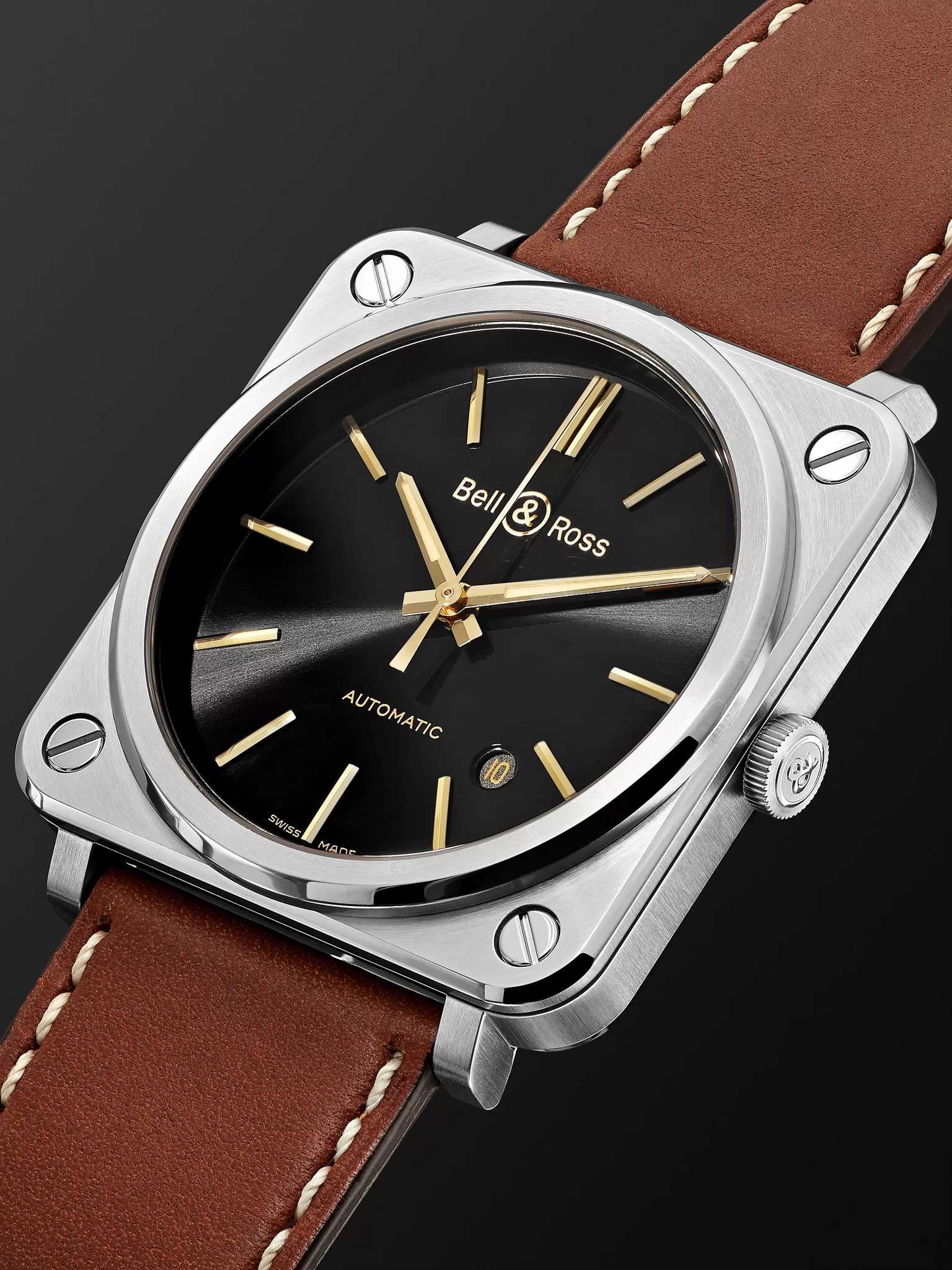 BR S-92 Golden Heritage Automatic 39mm Stainless Steel and Leather Watch, Ref. No. BRS92-ST-G-HE/SCA - 4