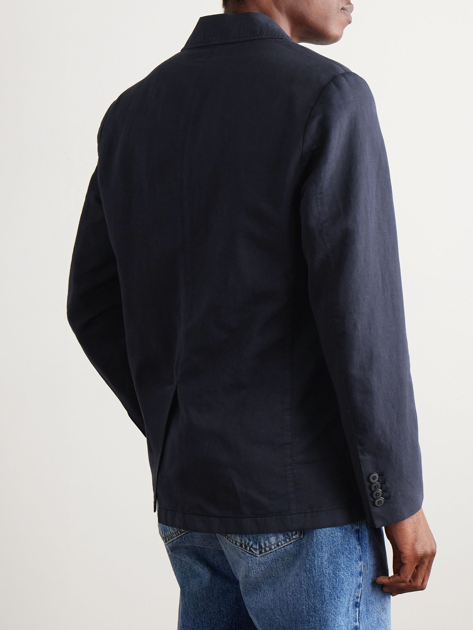 Unstructured Garment-Dyed Cotton and Linen-Blend Twill Blazer Navy - 3
