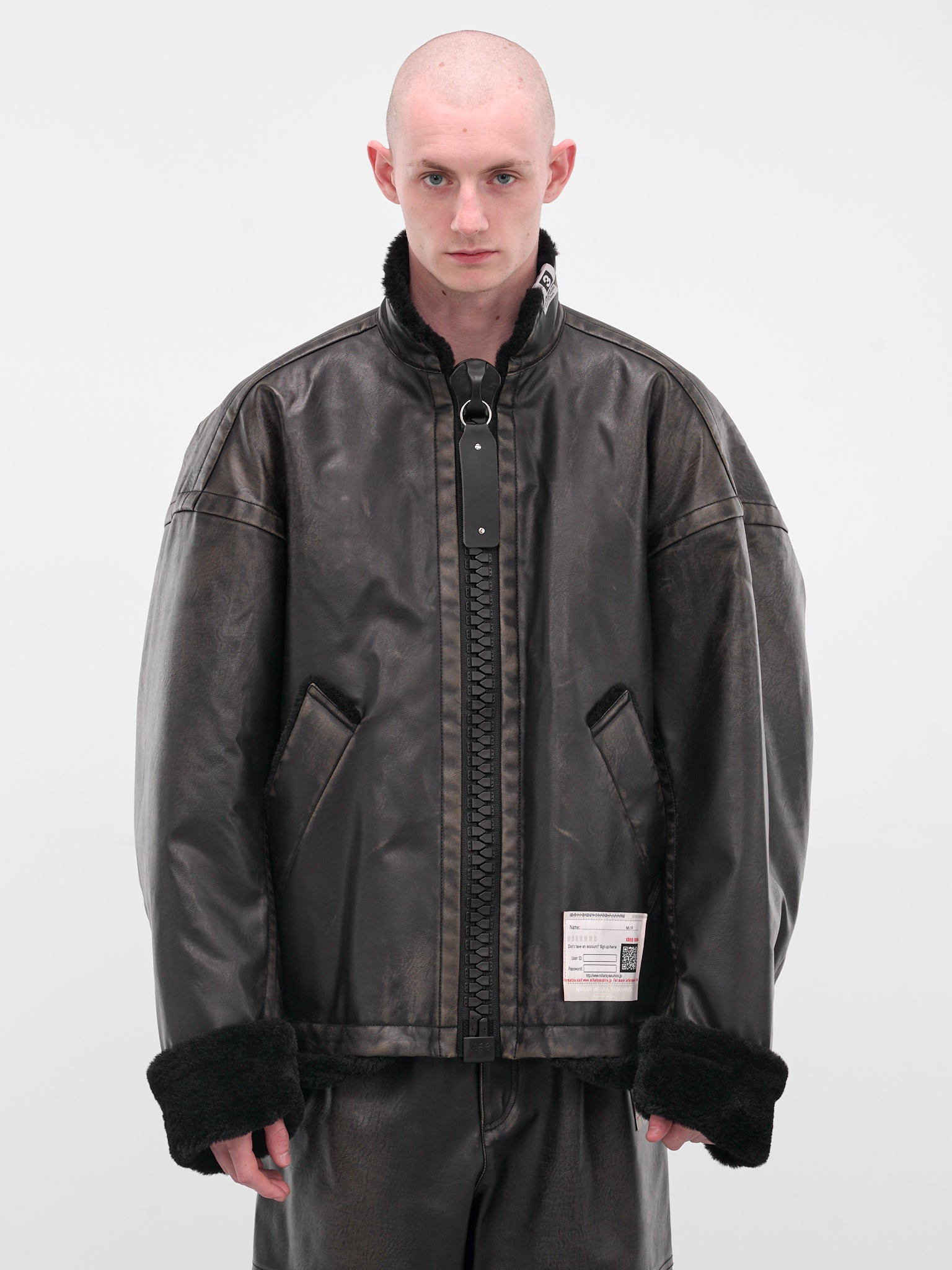 Black Oversized Leather Shearling Jacket - 1