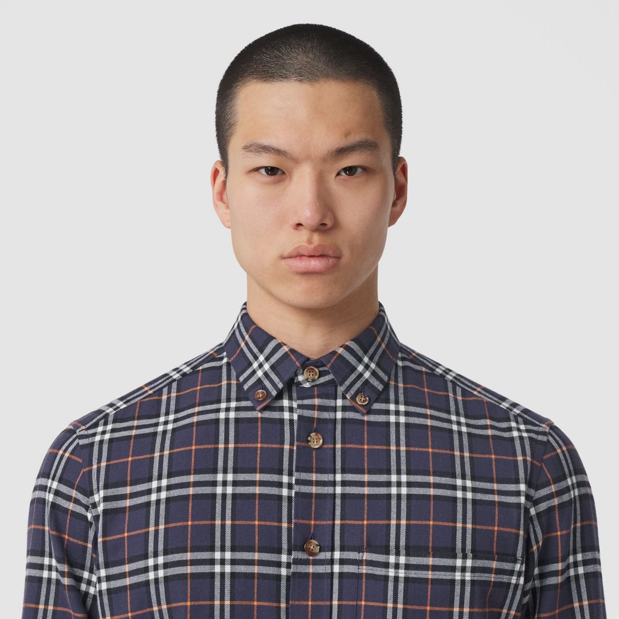 Button-down Collar Check Cotton Flannel Shirt - 3