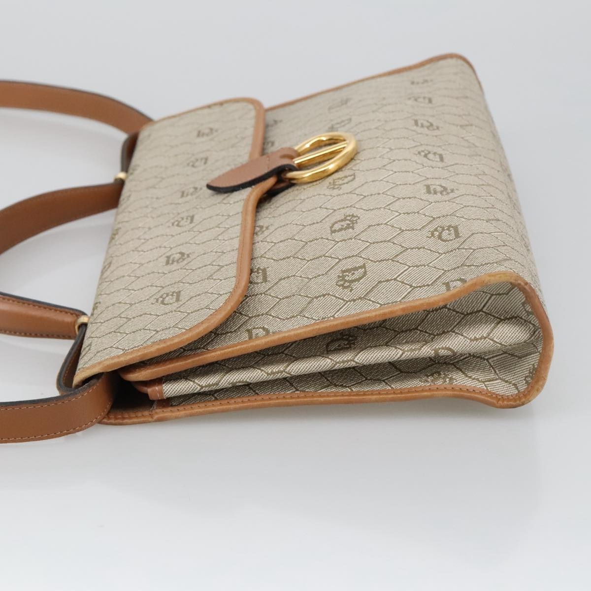 DIOR Honeycomb Canvas Hand Bag Leather Beige Gold - 5