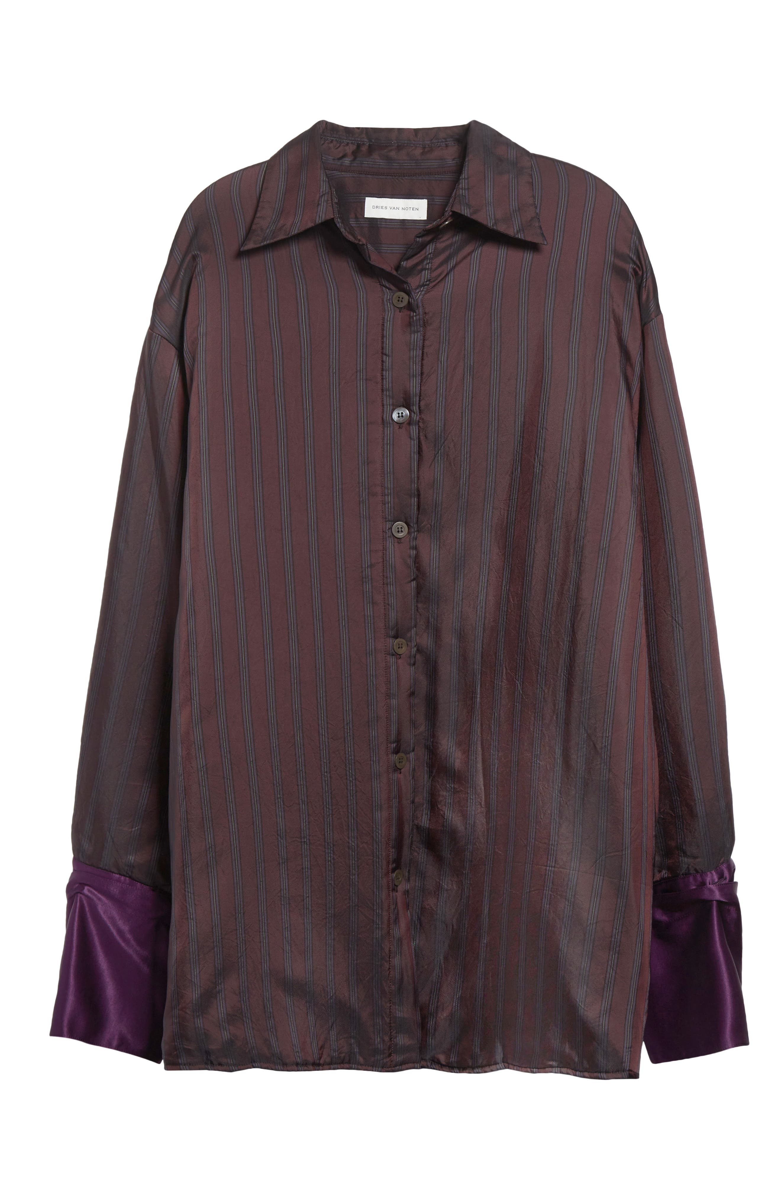 Dries Van Noten Cartan Oversize Padded Stripe Button-Up Shirt with Detachable Cuffs in Burgundy at N - 6