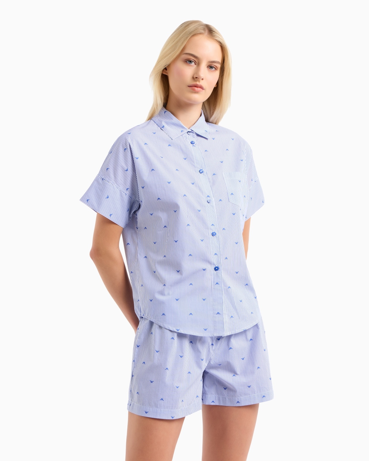 PYJAMA SHIRT AND SHORTS WITH STRIPED MOTIF AND ALL-OVER EAGLE LOGO - 2