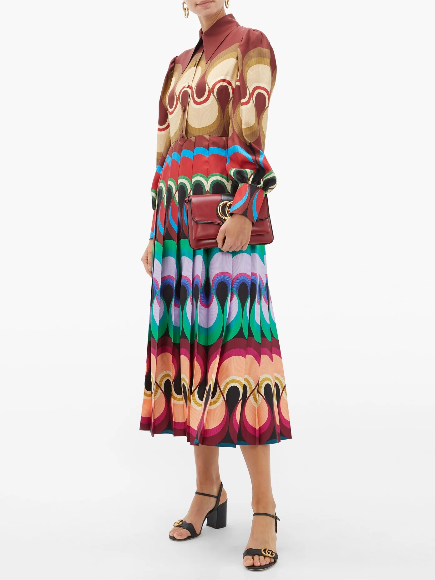 Pleated wave-print silk-satin dress - 3