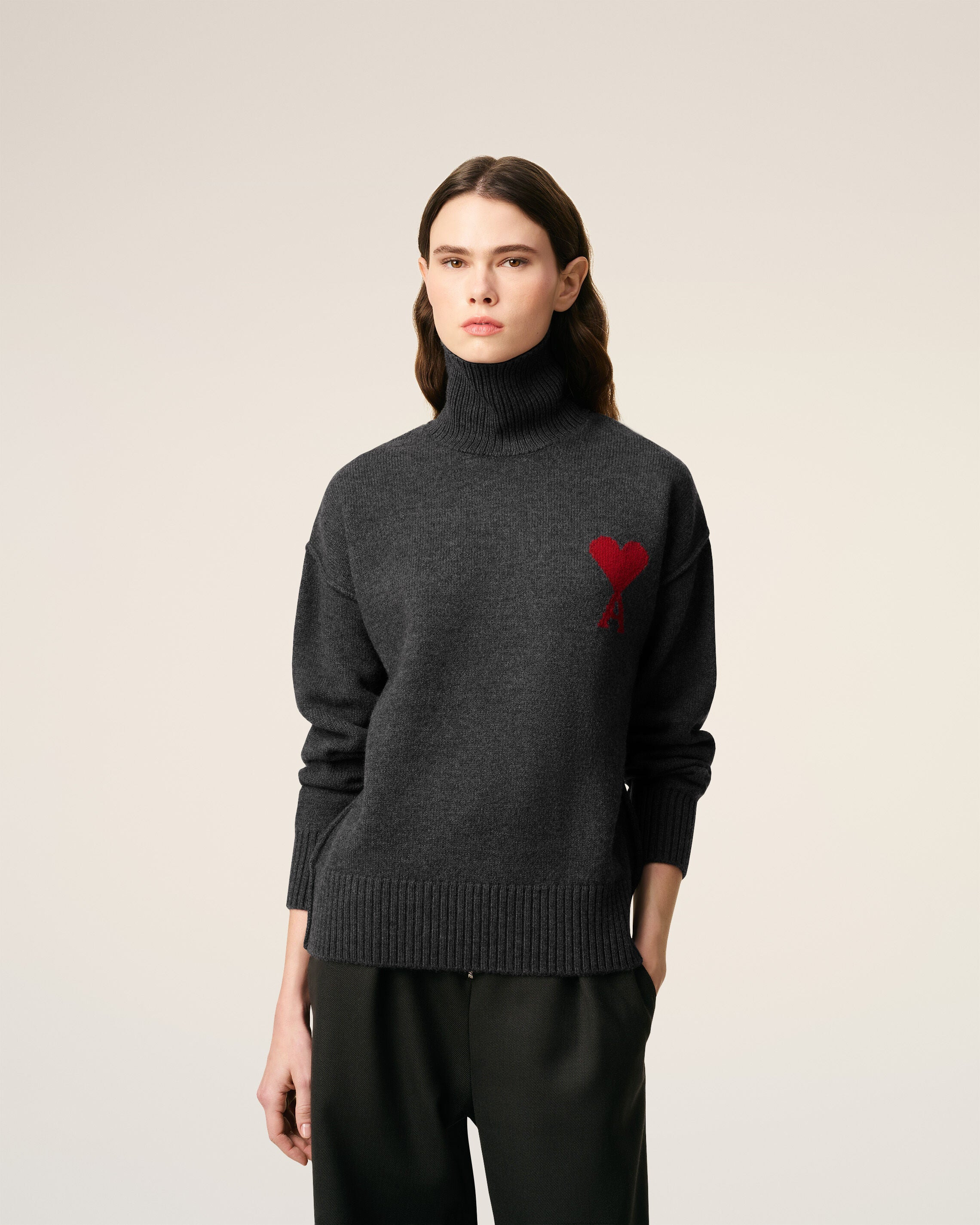 GREY WOOL AMI DE COEUR FUNNEL NECK SWEATER - 3