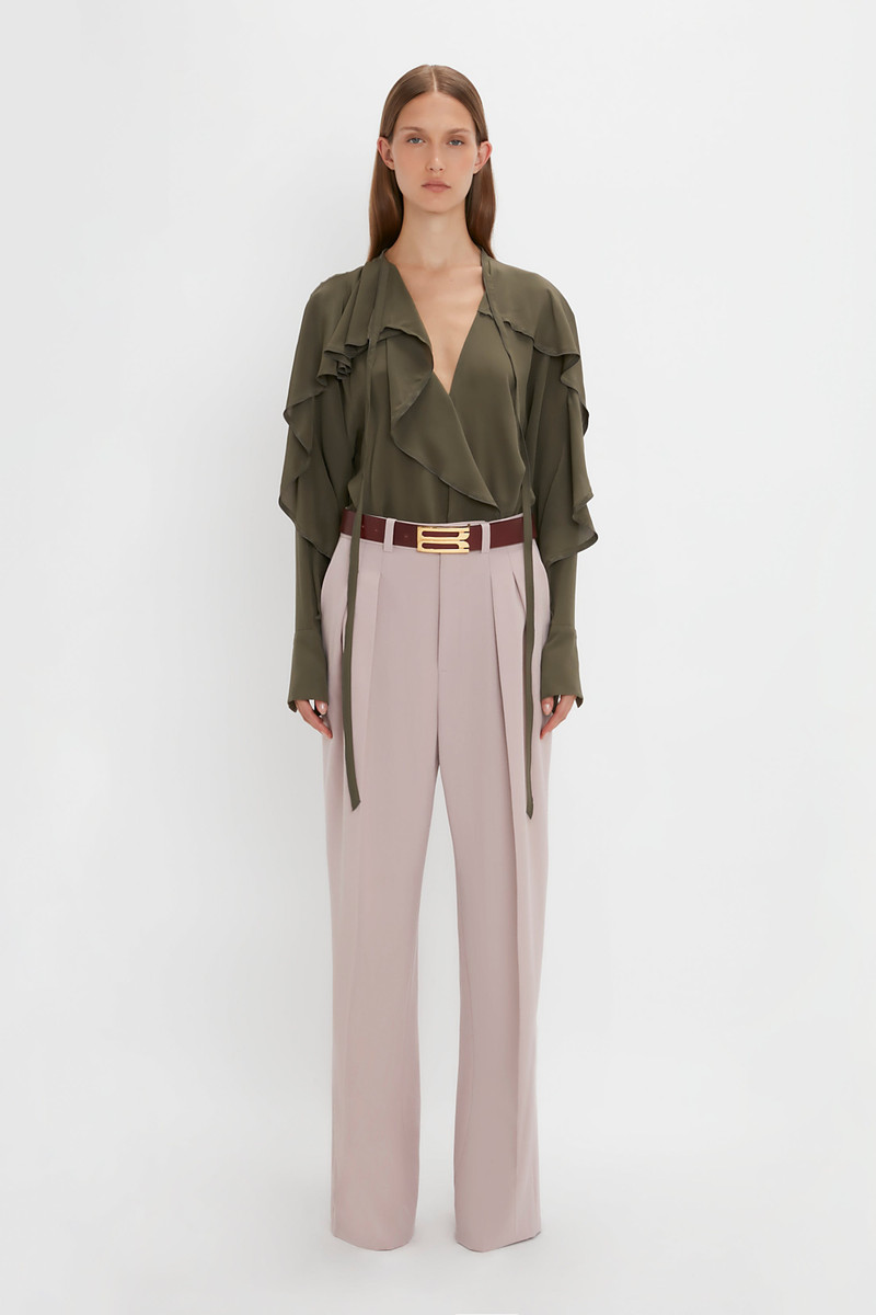 Victoria Beckham Tie Detail Ruffle Blouse in Oregano outlook