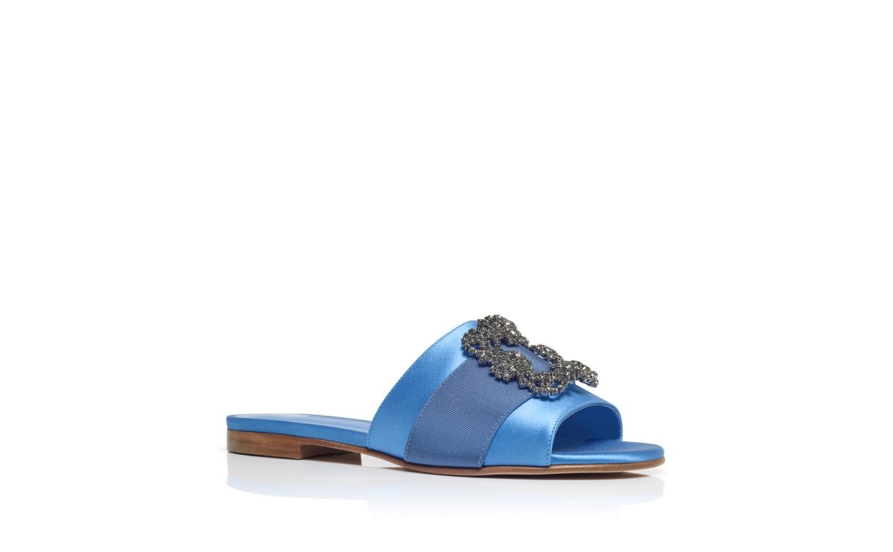 Blue Satin Jewel Buckled Flat Sandals - 3