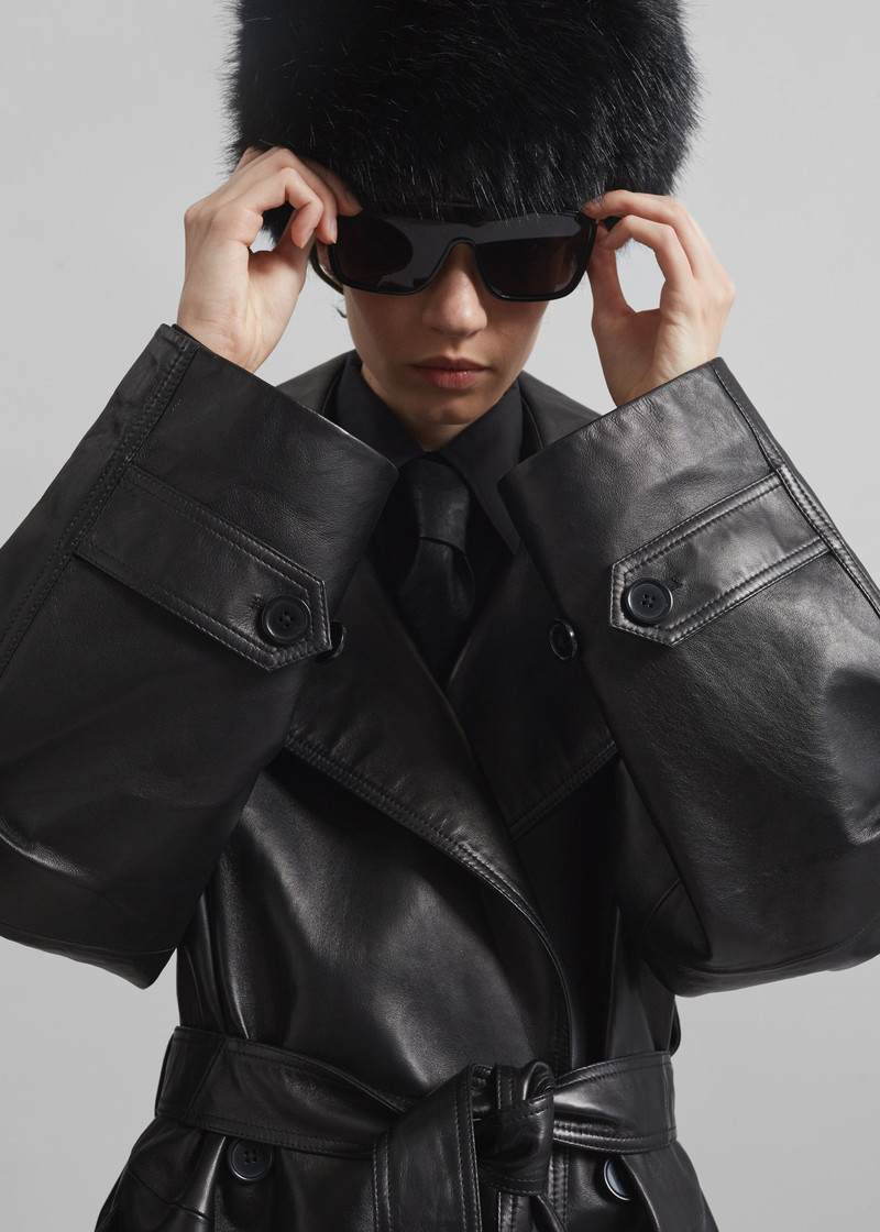 Zurich Oversized Faux Leather Short Trench - Black 5