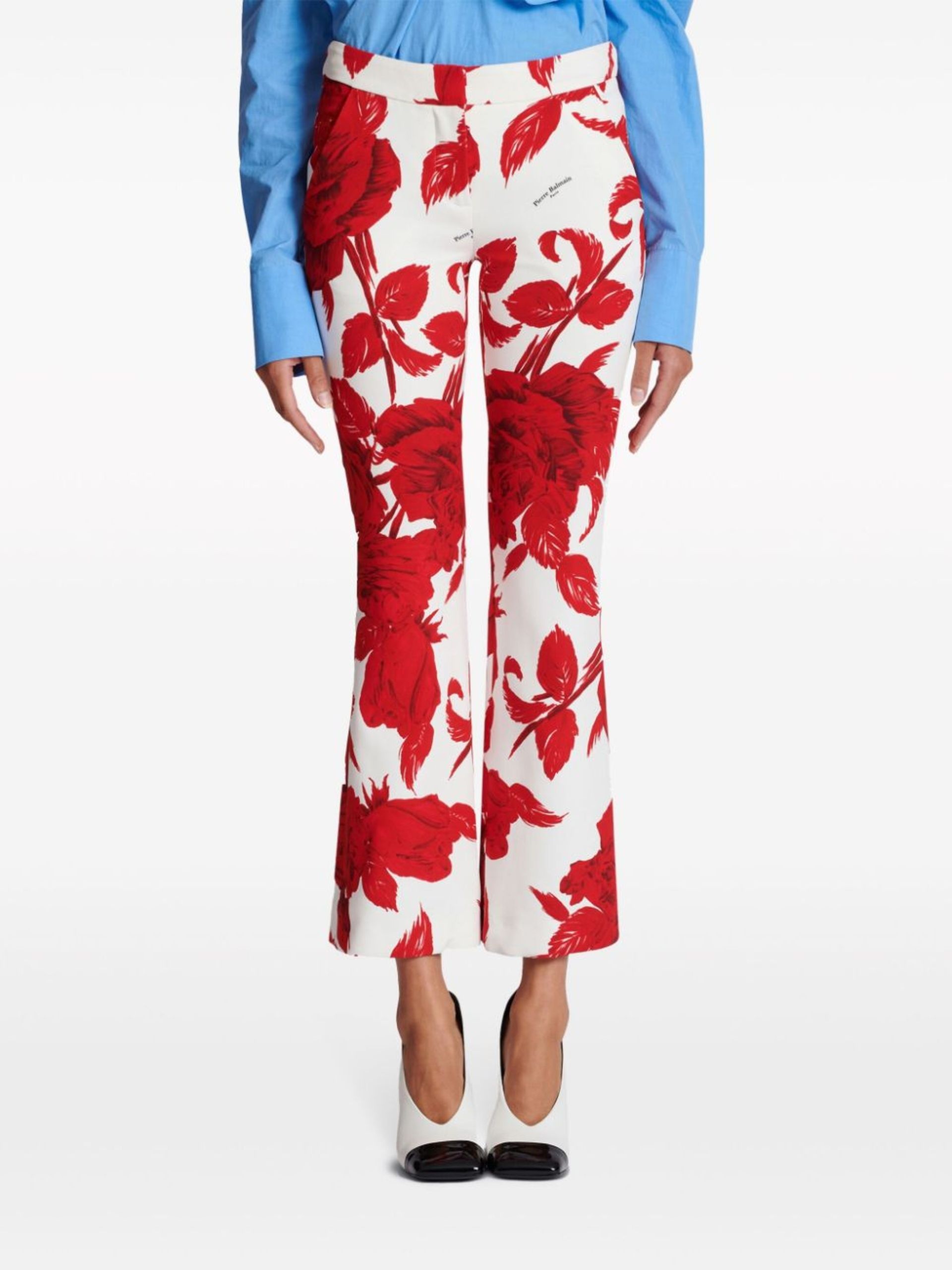 Red Floral-Print Flared Trousers - 4