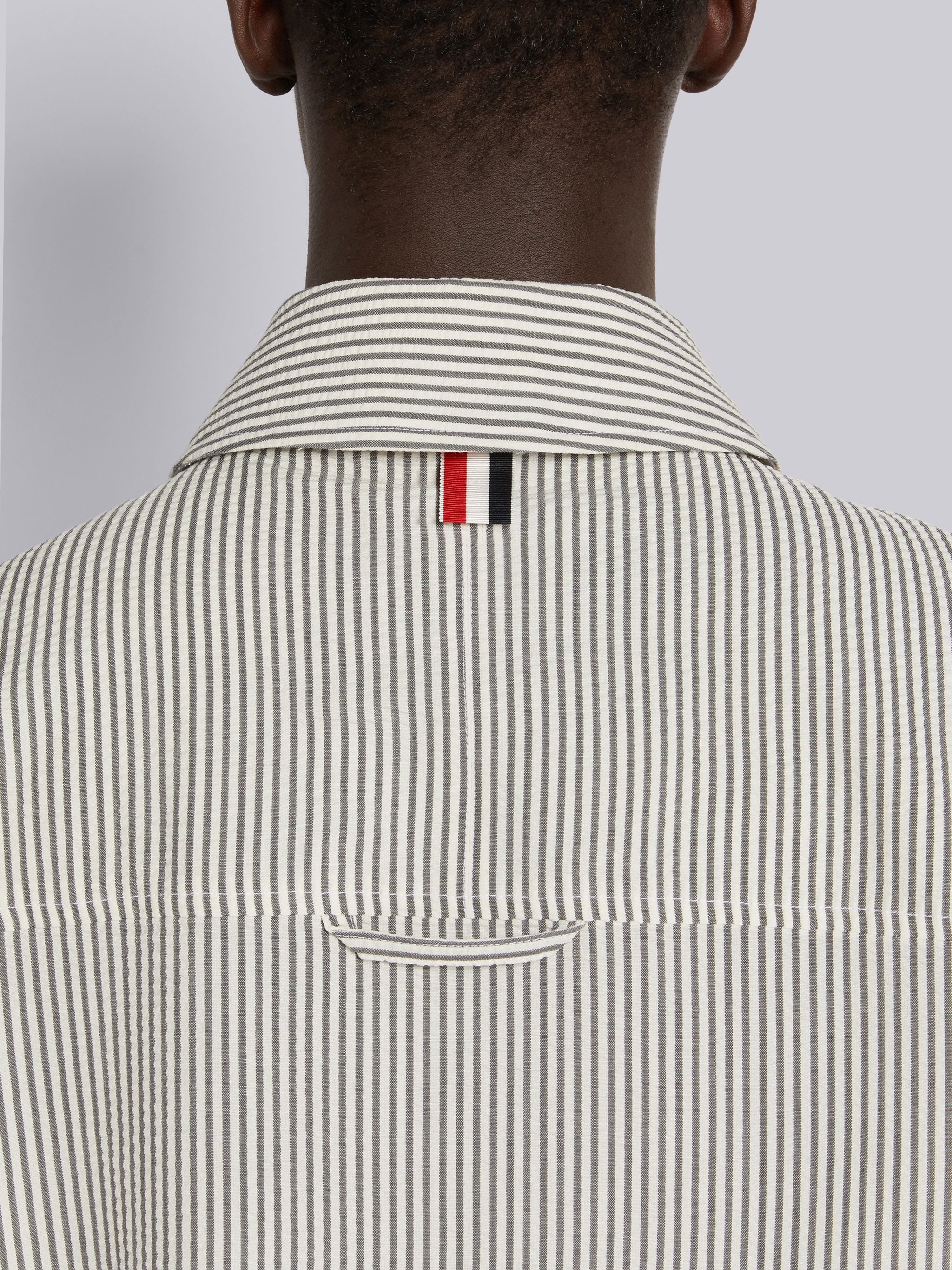 Medium Grey Wool Seersucker Stripe Grosgrain Placket Oversized Shirt Jacket - 4