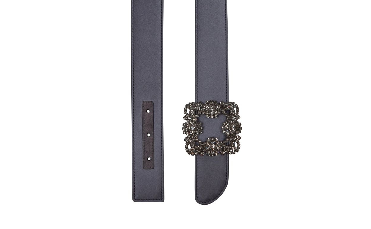 Blue-Grey Satin Crystal Buckled Belt - 3