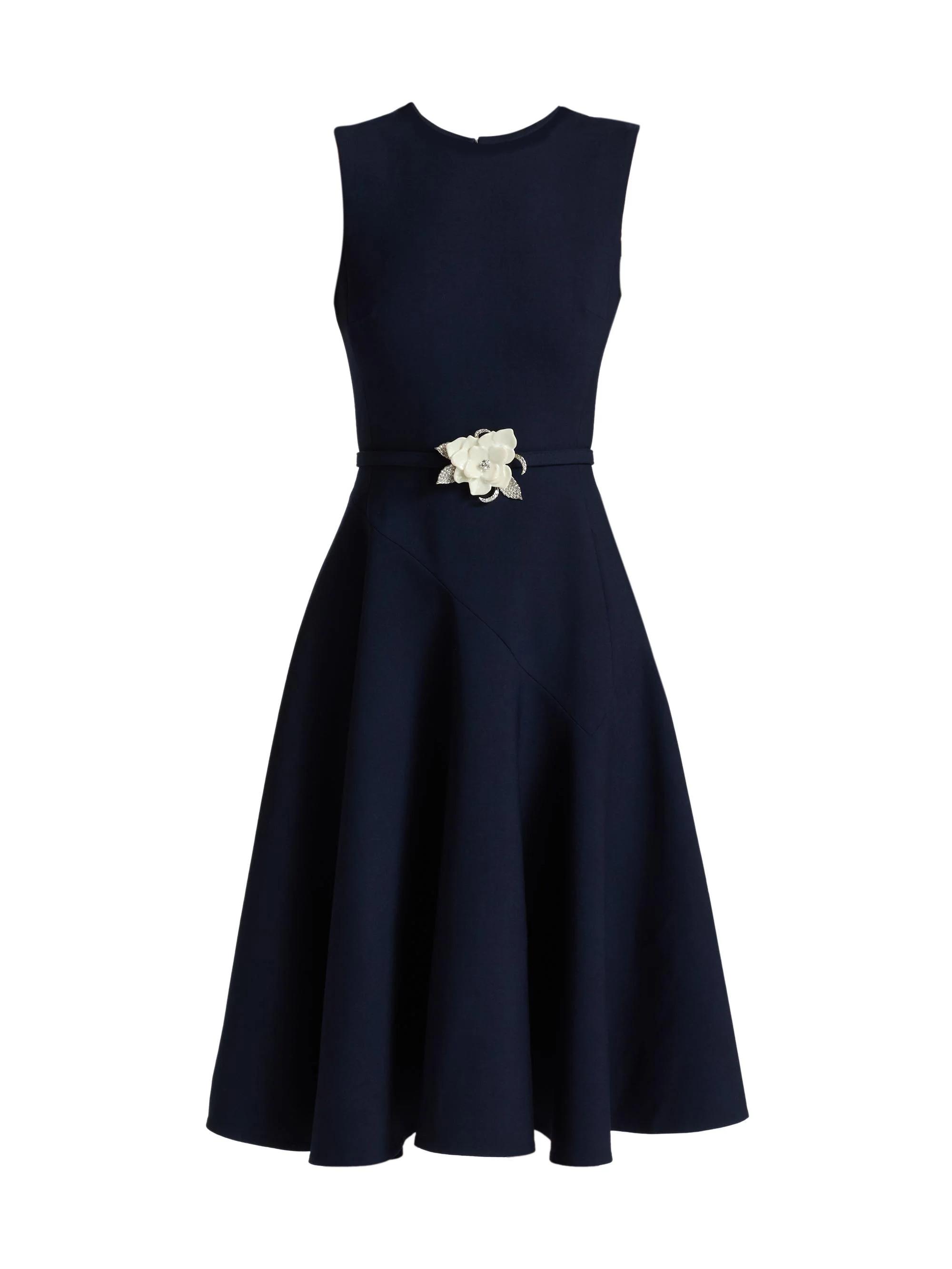 Women's Crystal-Embellished Flower Wool-Blend Belted Midi-Dress - Navy - 1