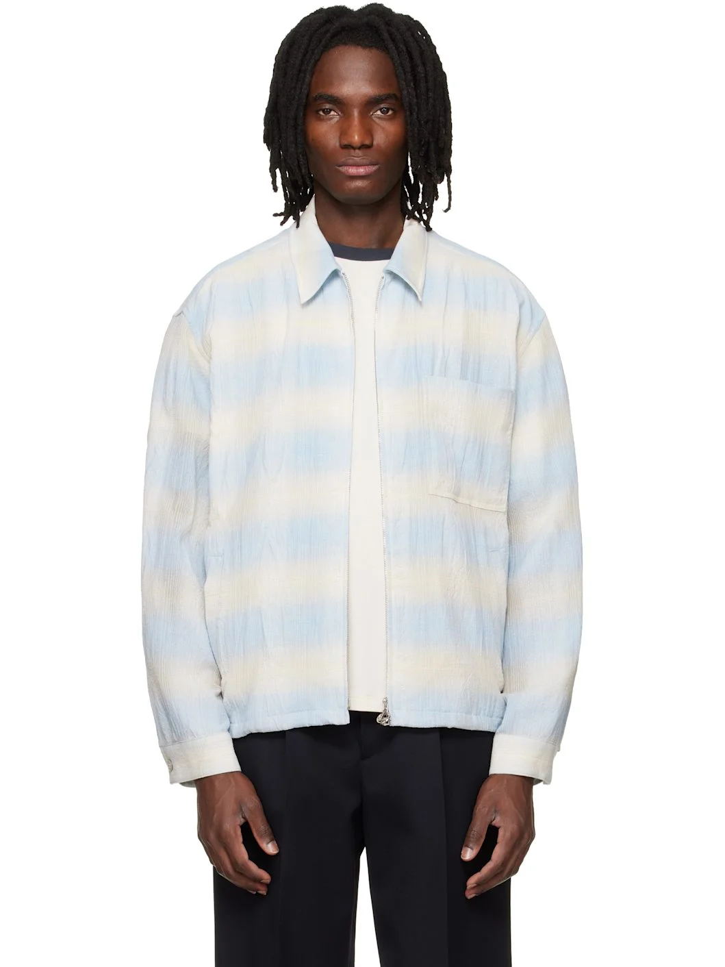 Blue & Beige Striped Zip-Up Shirt - 1