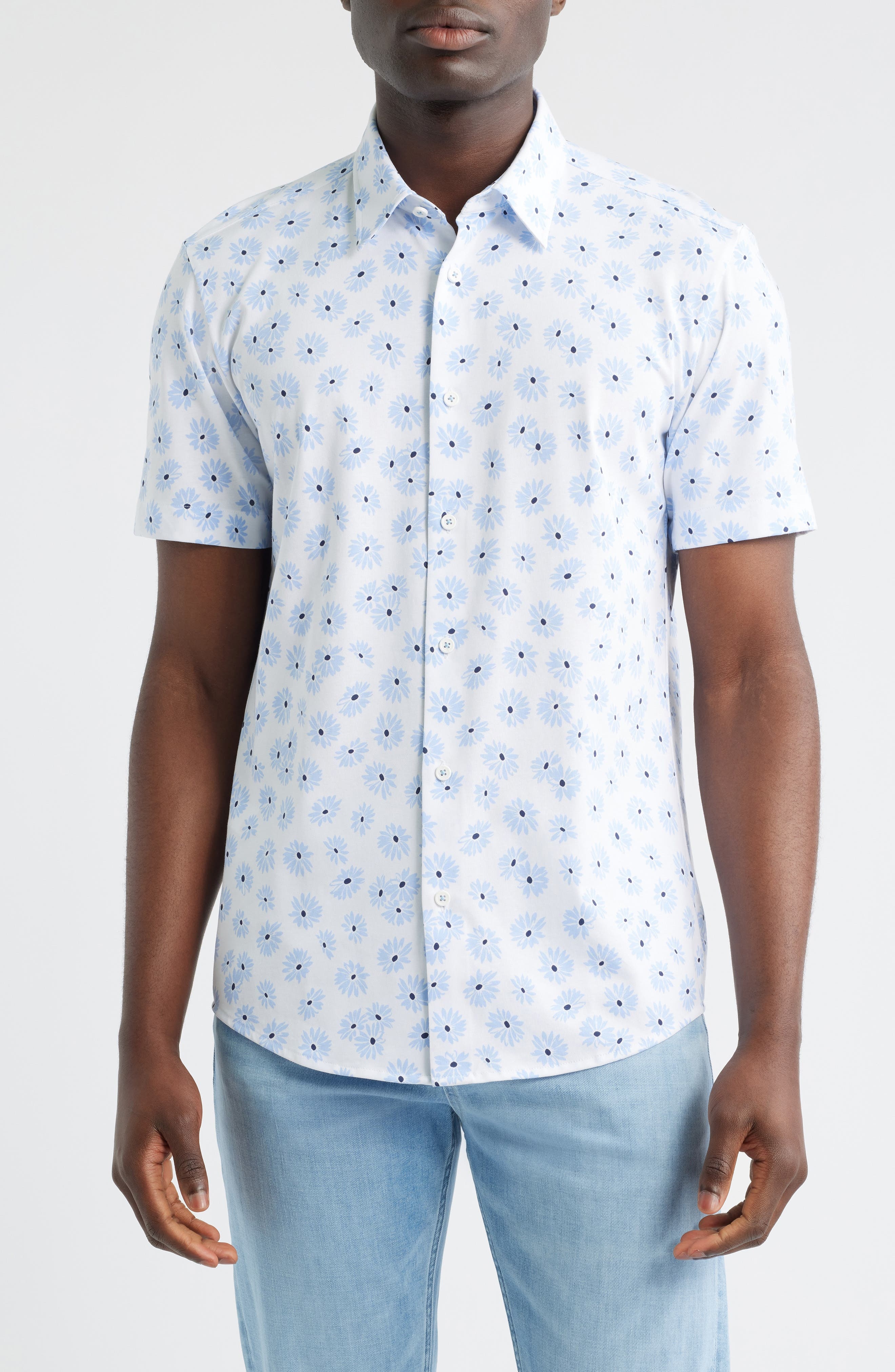 BOSS Roan Ken Floral Short Sleeve Button-Up Shirt in Light Blue at Nordstrom - 1