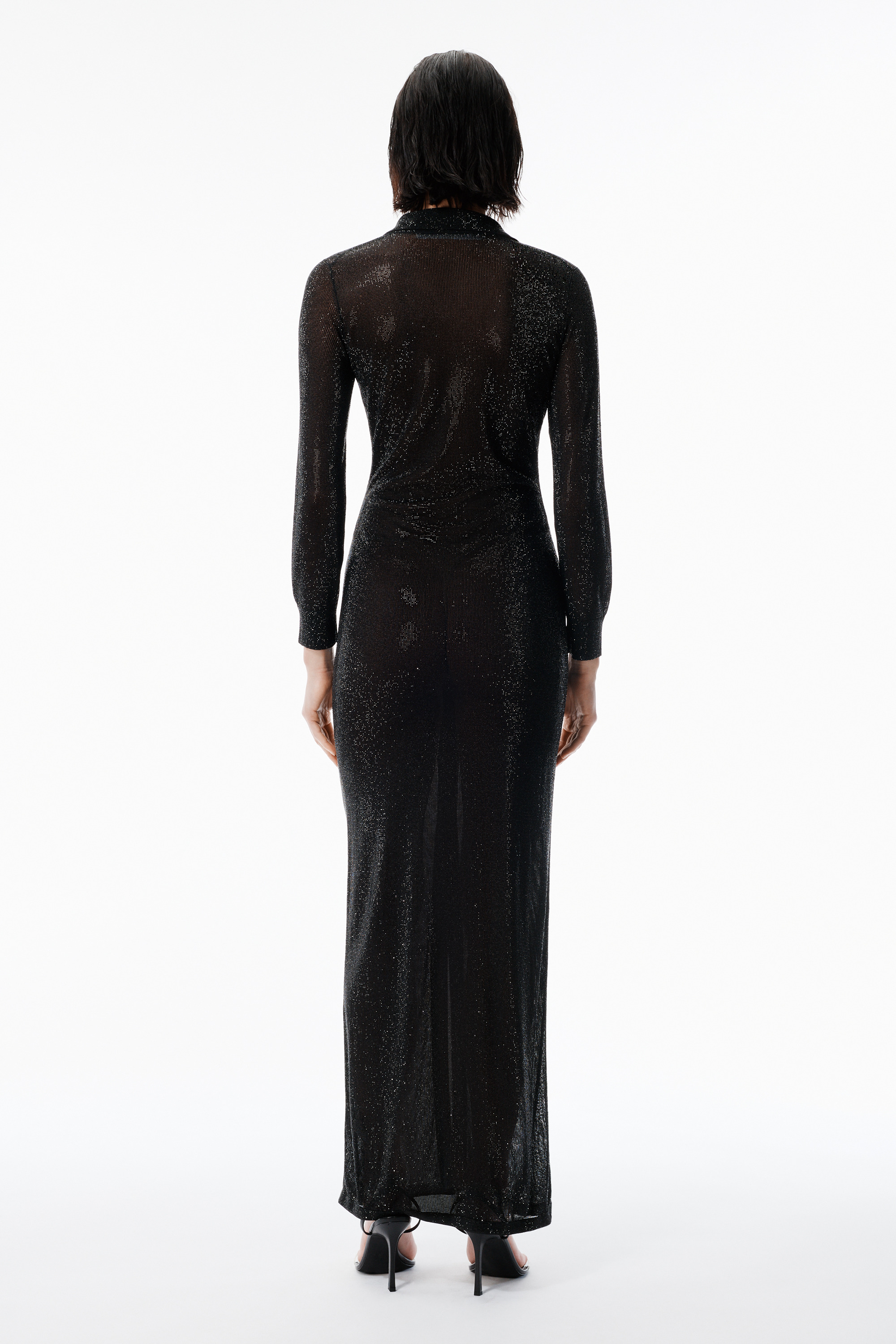 Black Crystal Hotfix Long-Sleeve Polo Dress - 4
