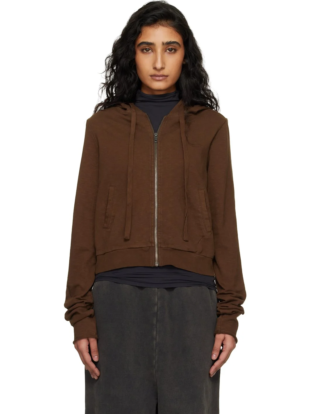 Brown Lightweight Cropped Zip Up Hoodie - 1