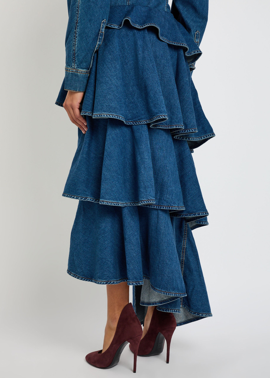 Alaïa Spiral Asymmetric Tiered Denim Midi Skirt - 3