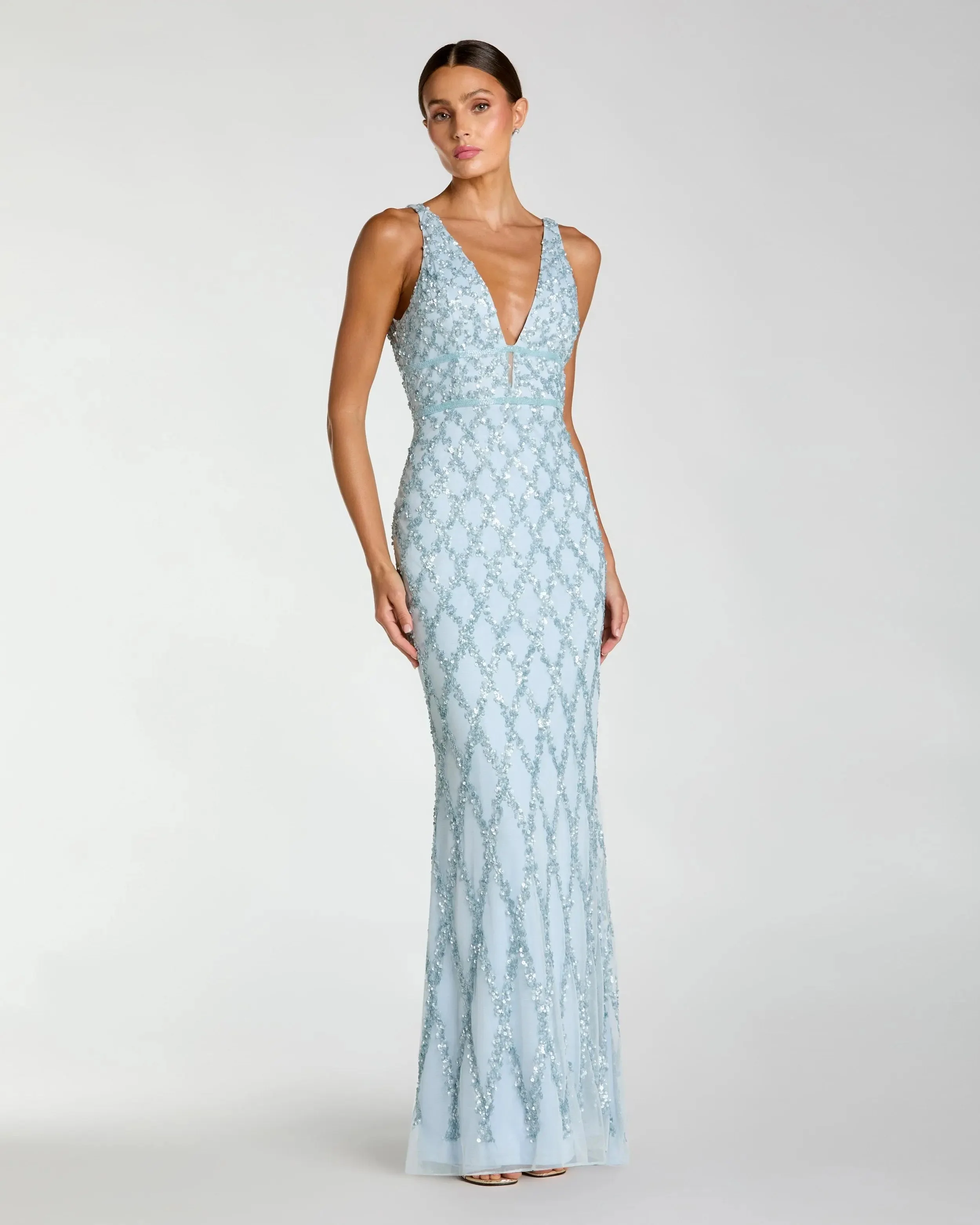 Blue Sequin Embellished Sleeveless Column Gown - 1