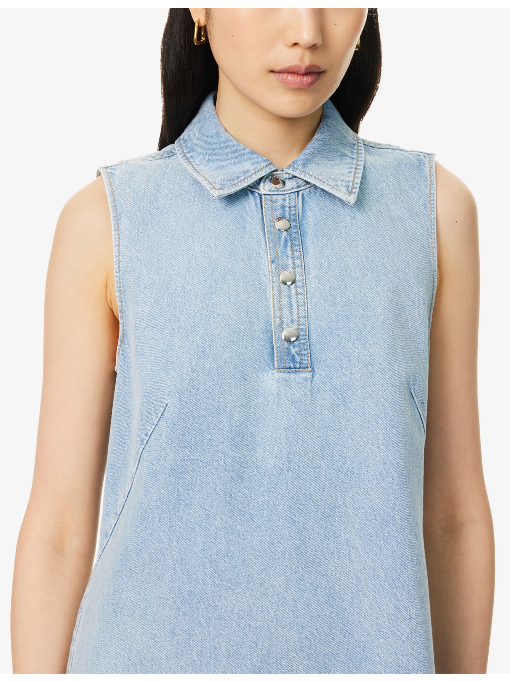 City Shift Polo-Collar Cotton-Blend Denim Mini Dress - 5