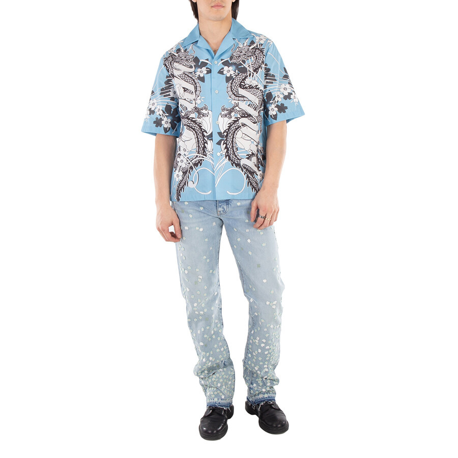 Amiri Men's Blue Dragon Printed Short-Sleeved Bowling Shirt - 3