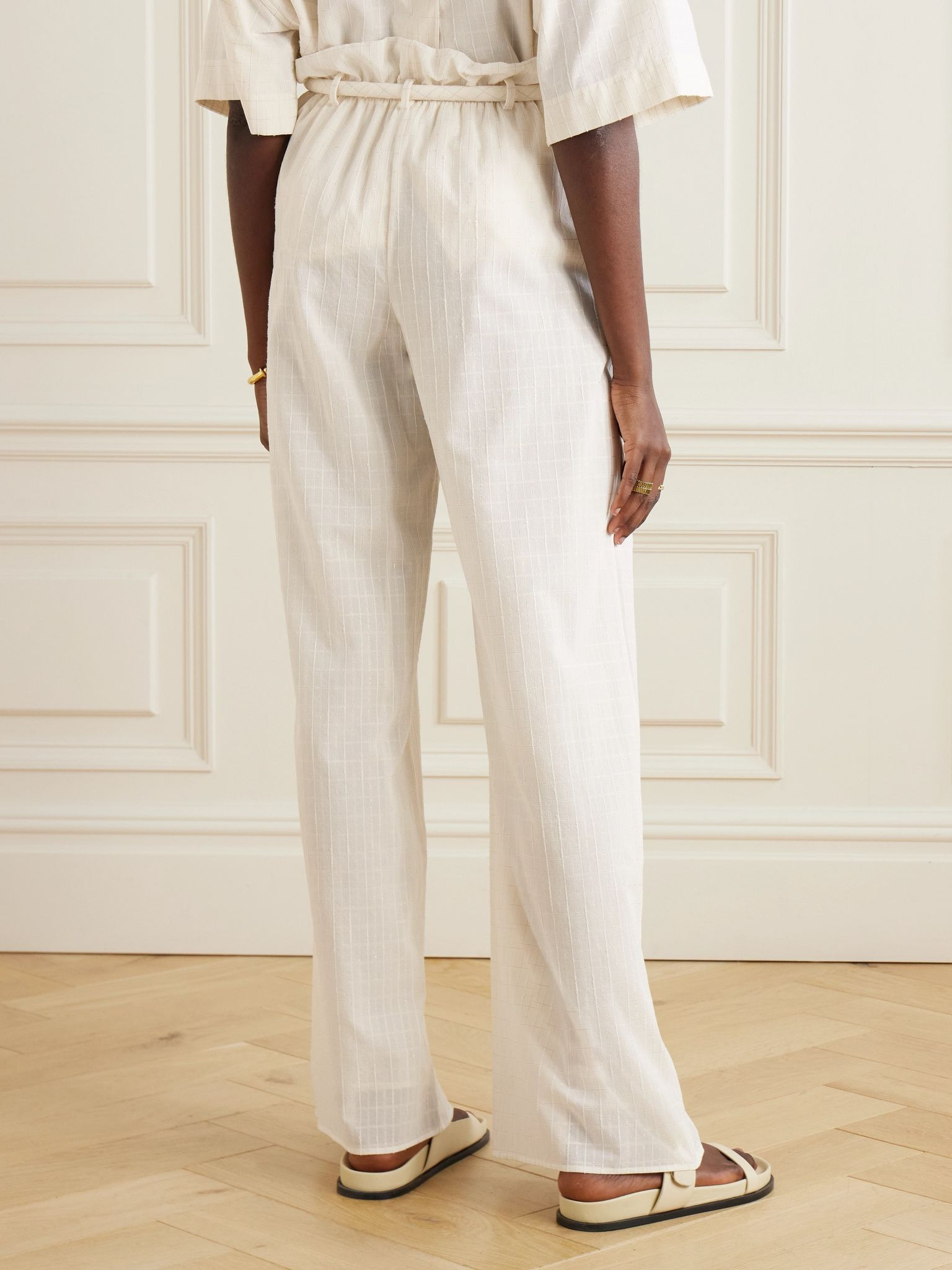 Tristin belted checked cotton-blend wide-leg pants White - 3