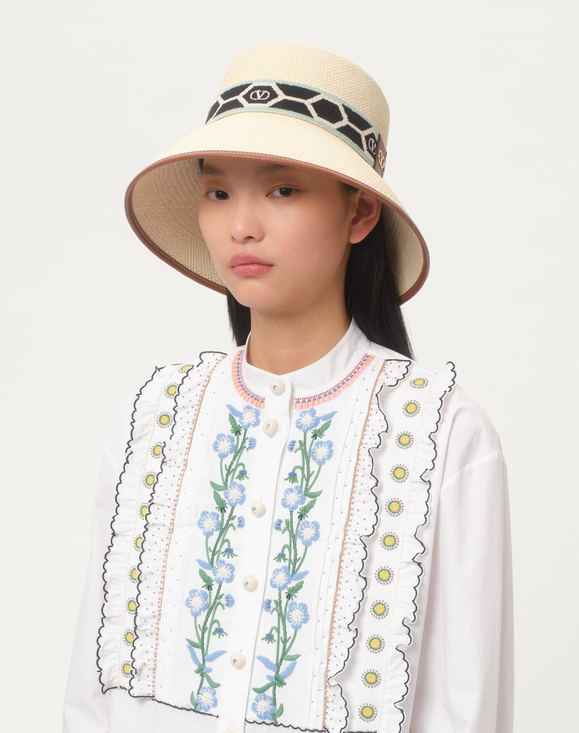 ANTIBES STRAW BUCKET HAT WITH LEATHER TRIM AND DIAMOND PATTERN RIBBON - 2