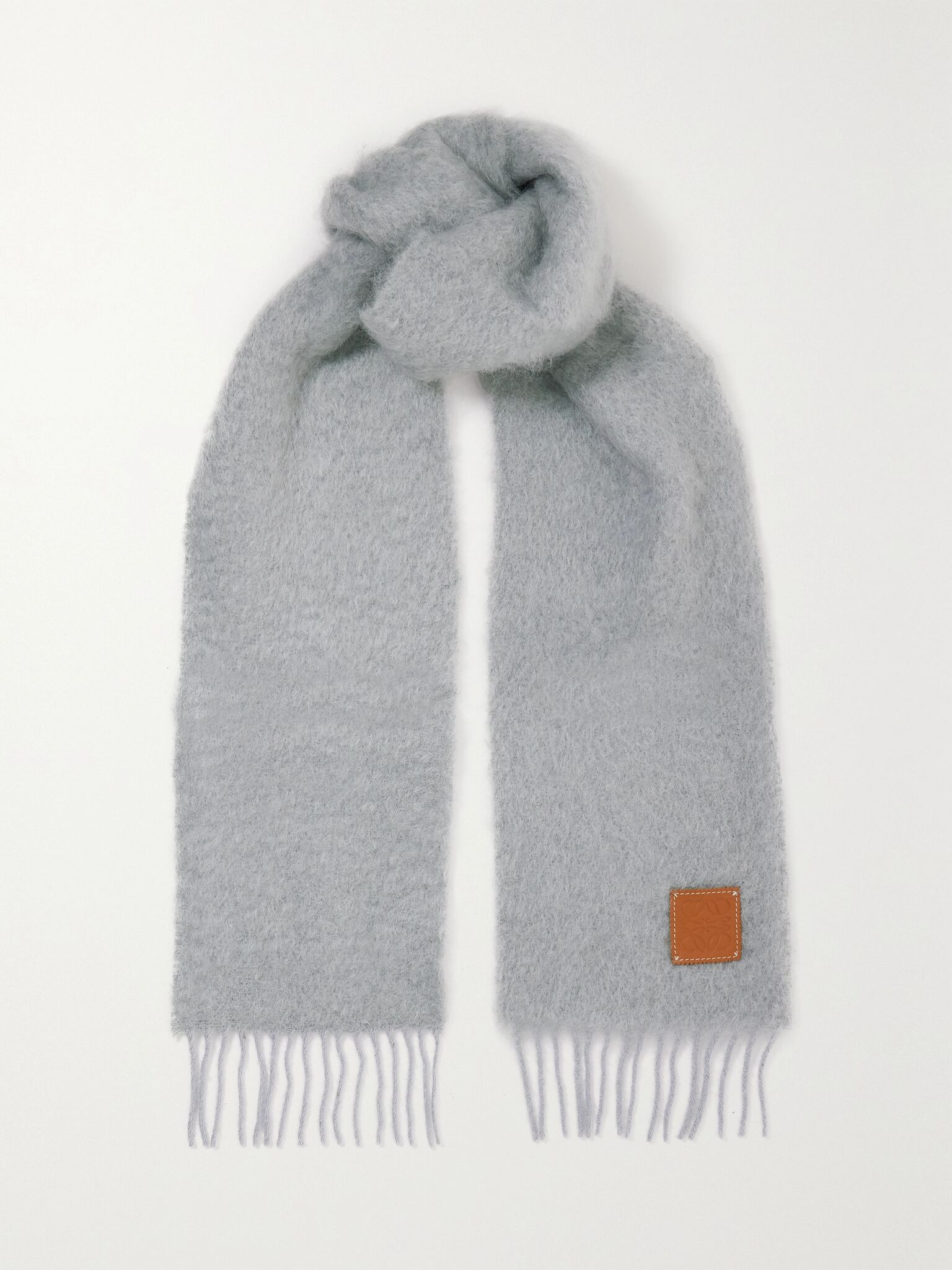 Leather-trimmed fringed mohair-blend scarf Gray - 1