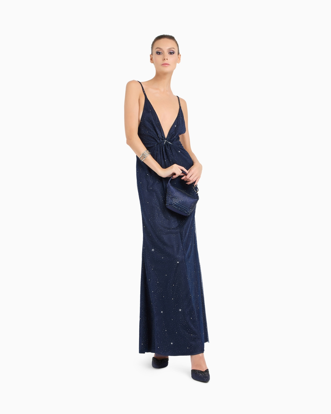 SILK BLEND LONG DRESS WITH RHINESTONE EMBROIDERY - 2