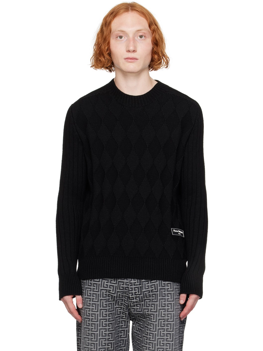 Black Chunky Diamond Jacquard Sweater - 1
