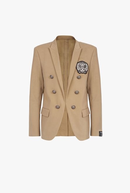 Dark sand-colored cotton blazer with embroidered Balmain badge and double-breasted silver-tone butto - 1