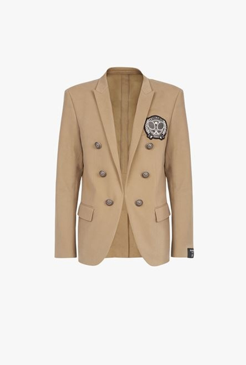 Dark sand-colored cotton blazer with embroidered Balmain badge and double-breasted silver-tone butto 1