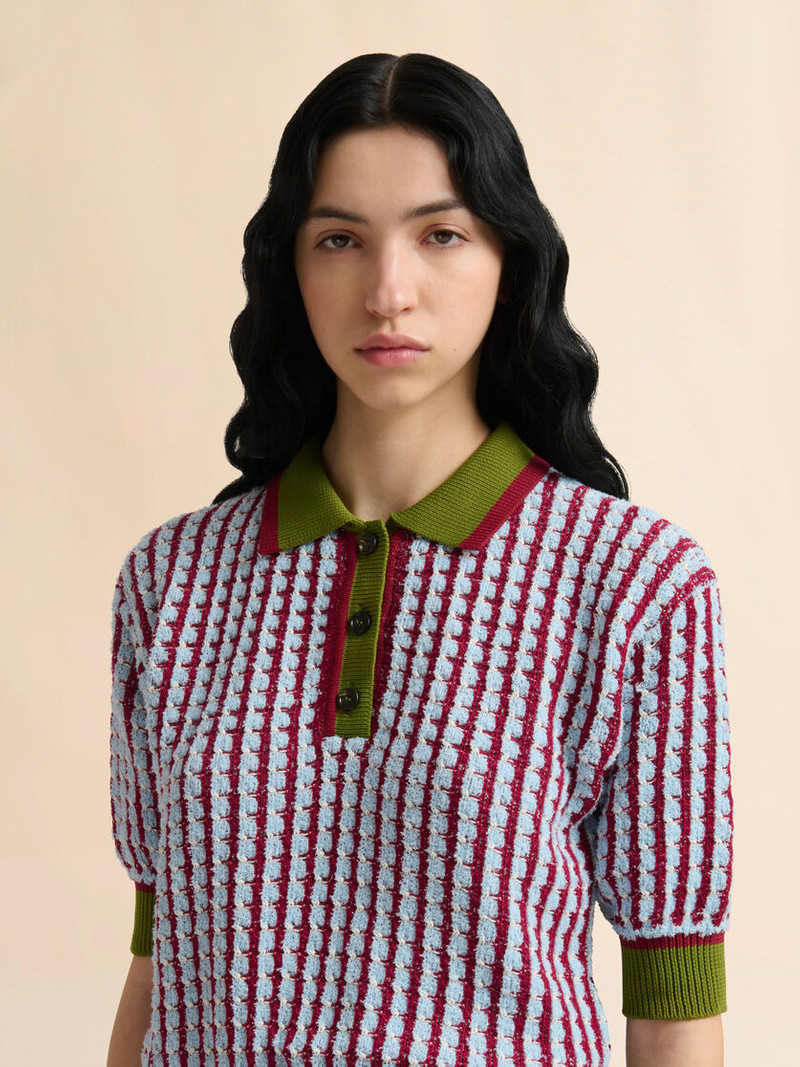BLUE AND BURGUNDY BOUCLÉ TWEED-EFFECT POLO SHIRT 5