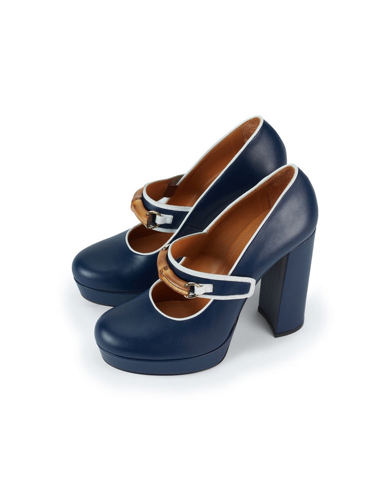 Navy Leather Bamboo Pumps - 1