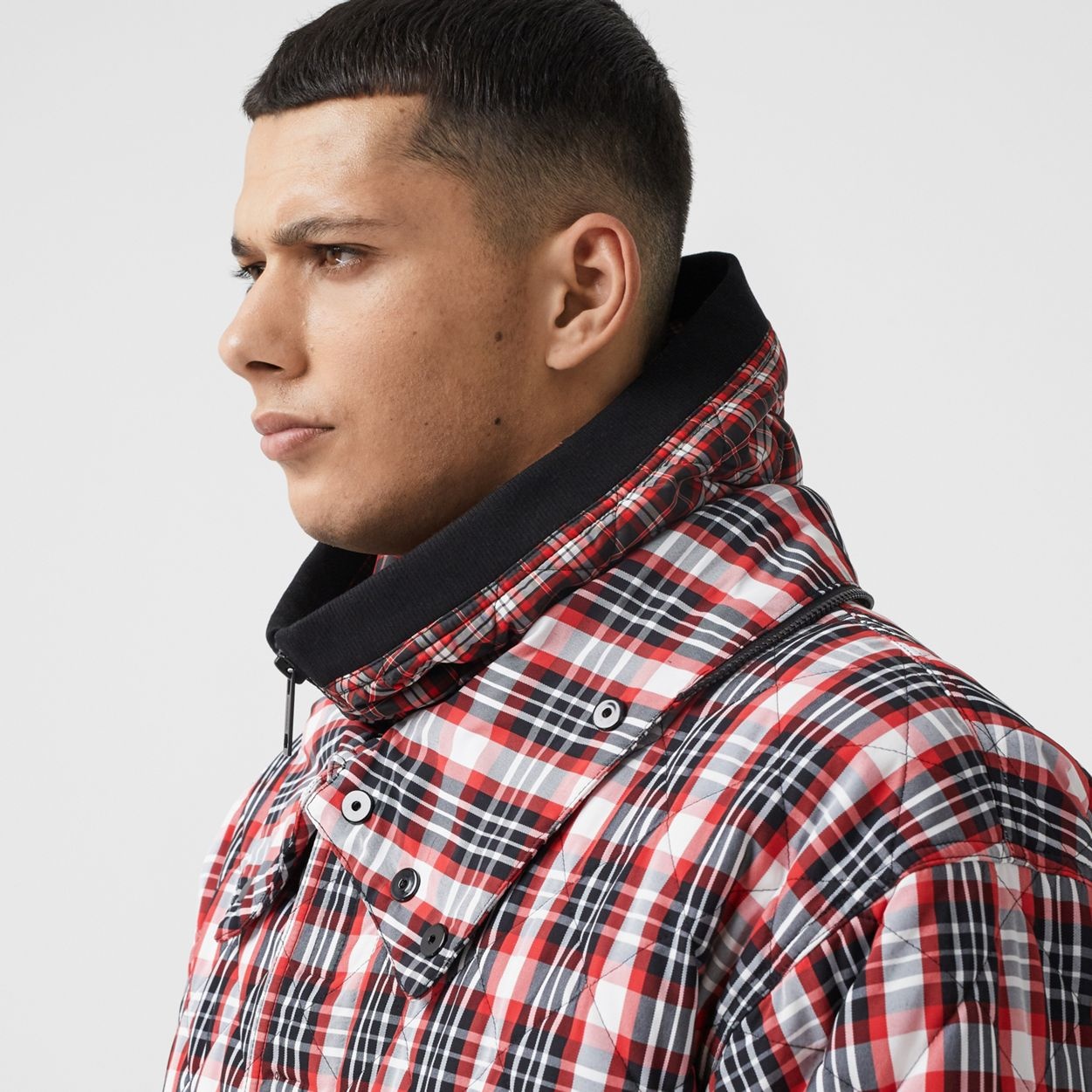 Cut-out Hem Diamond Quilted Check Nylon Parka - 5