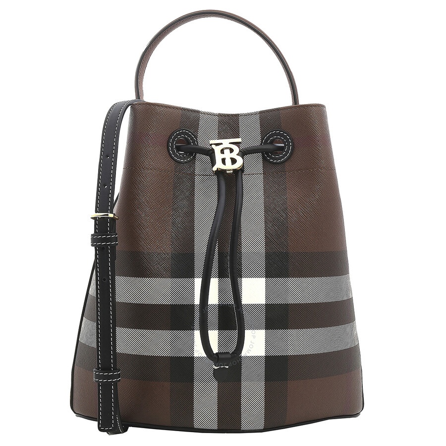 Burberry Dark Birch Brown Logo Plaque Checked Drawstring Shoulder Bag - 1