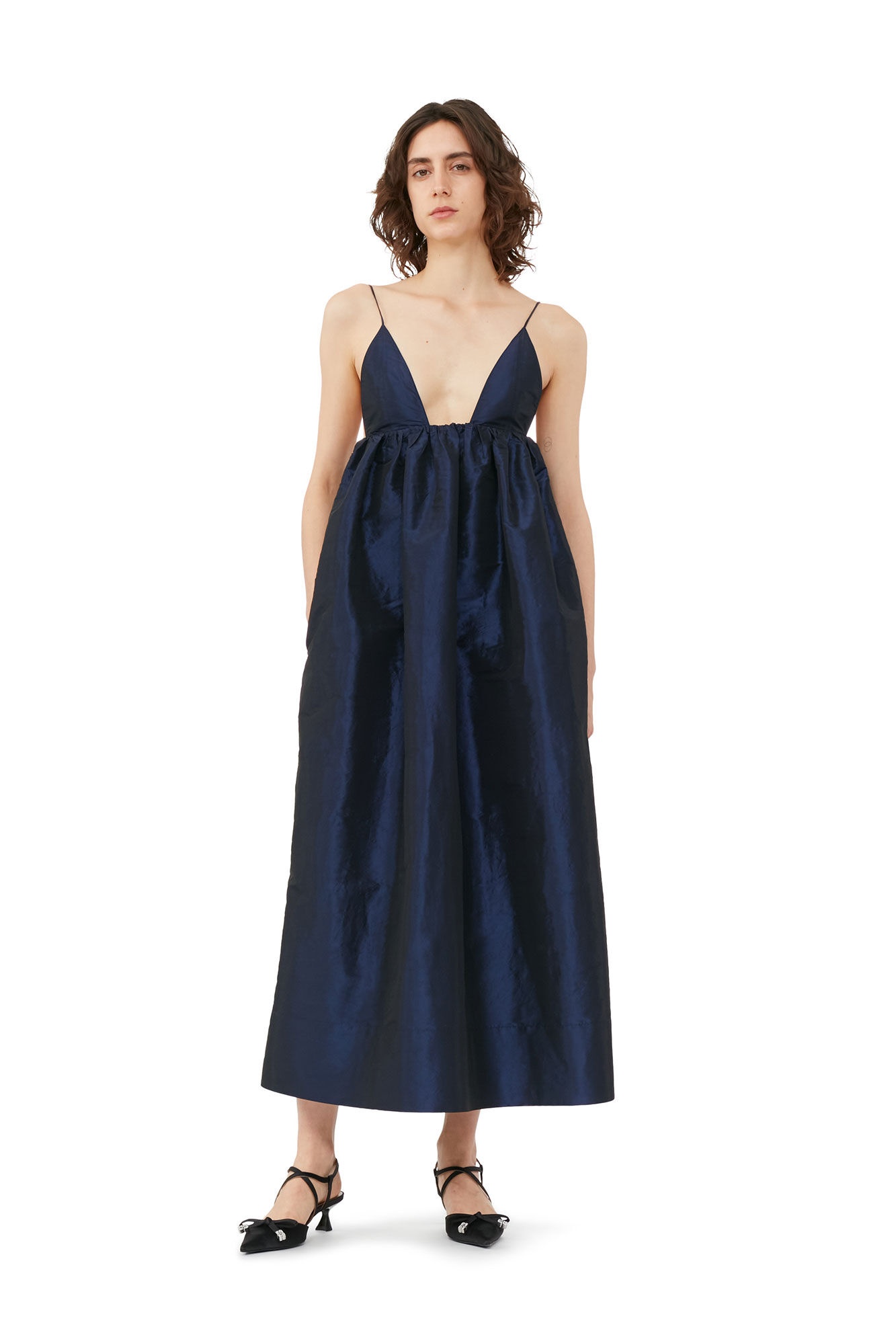 NAVY SHINY TAFFETA STRAP DRESS - 2