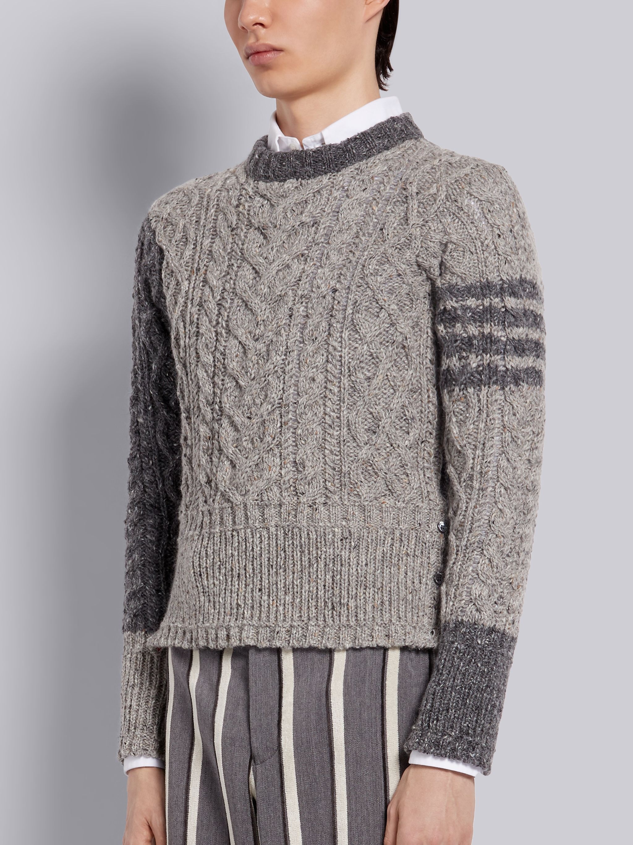 Tonal Grey Wool Mohair Tweed Fun-Mix Aran Cable Crewneck 4-Bar Pullover - 2