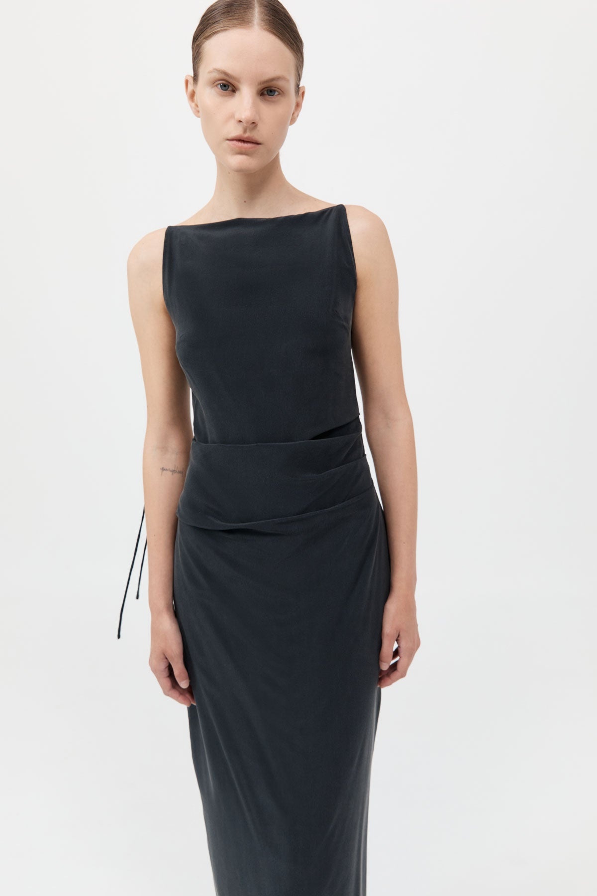 Silk Tuck Dress - Black - 3