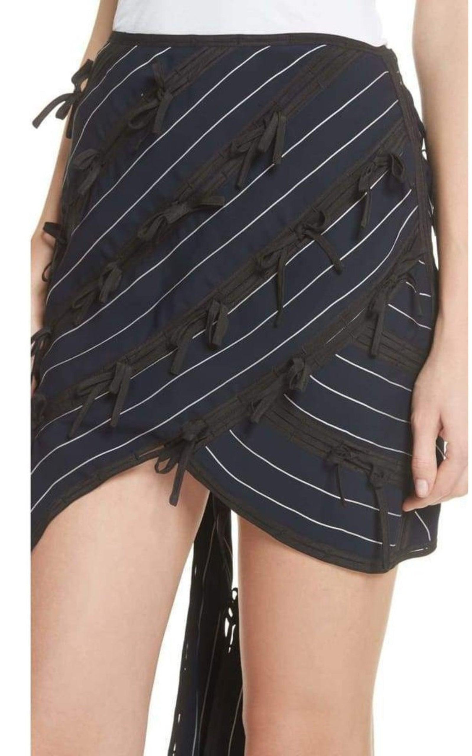 Pinstripe Ribbon Asymmetric Panelled Mini Skirt - 4