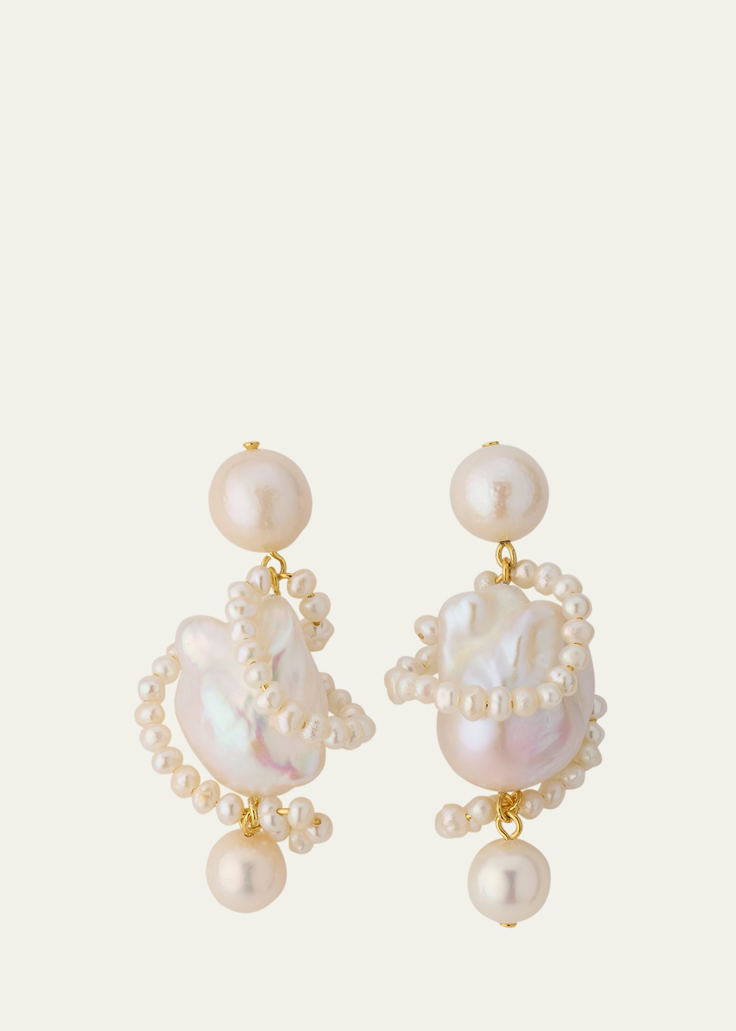 Carvings 18K Gold Vermeil Earrings with Baroque and Freshwater Pearls - 1